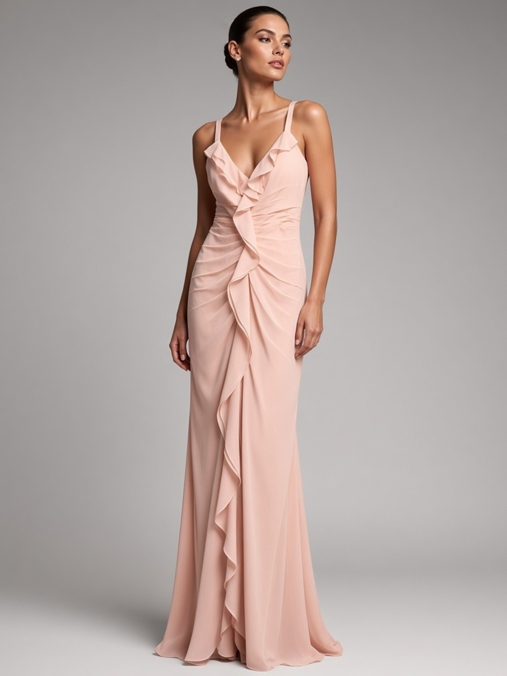 White by Vera Wang Blush Pink Ruffled V-Neck Gown